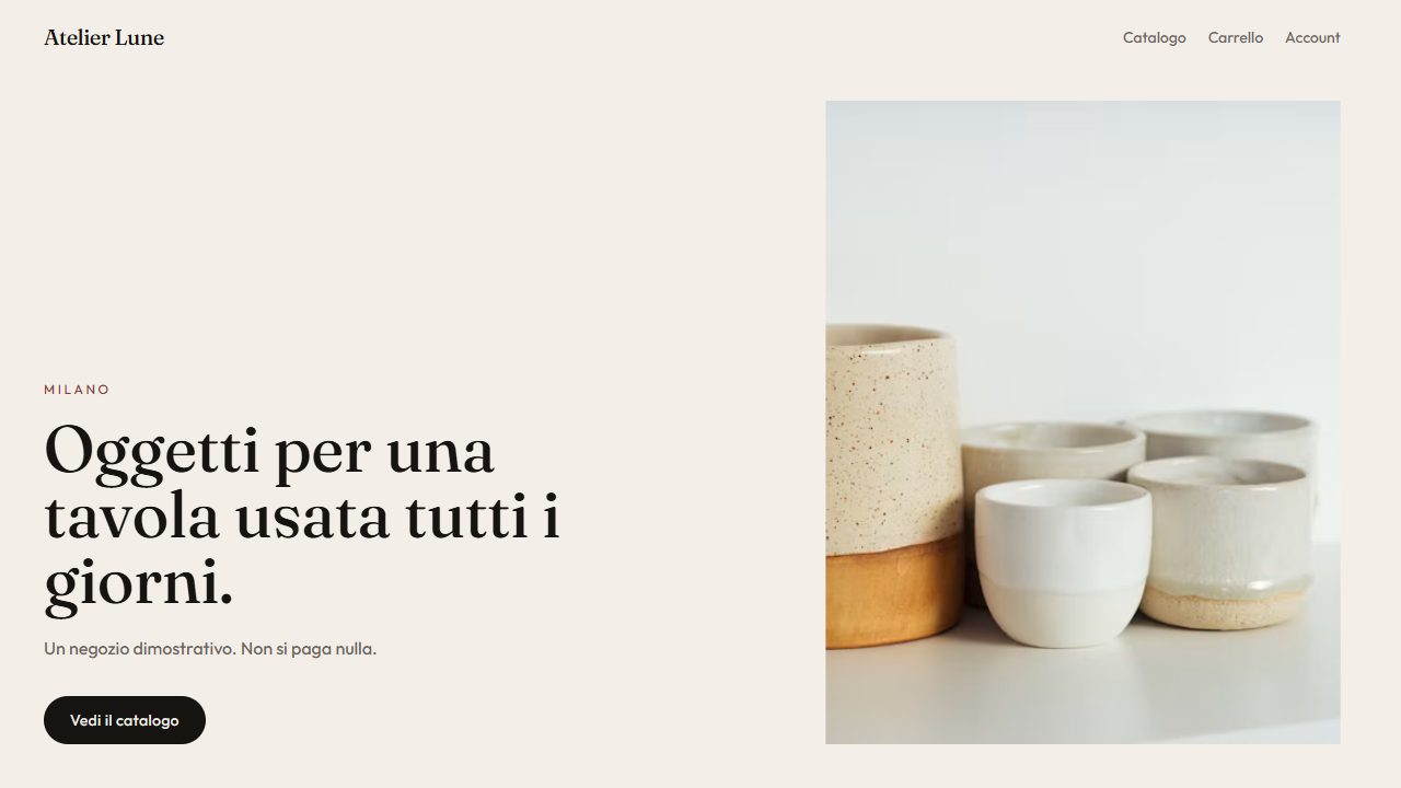 Parte alta del sito dimostrativo di Atelier Lune, un negozio