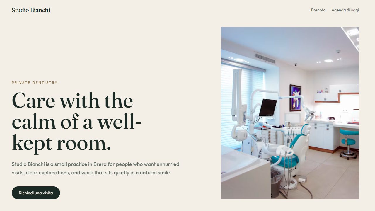 Parte alta del sito dimostrativo di Studio Bianchi, uno studio dentistico